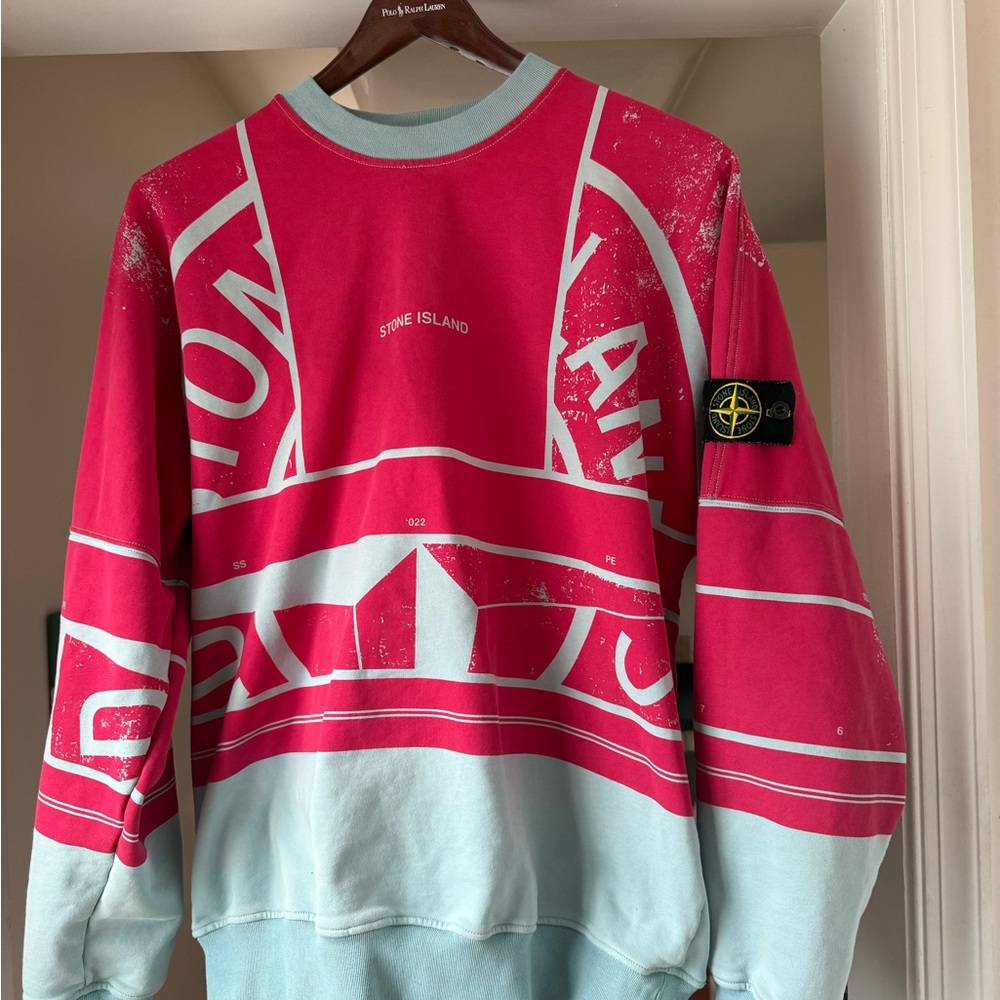 Stone Island Bold Red and Light Blue Crewneck Sweater